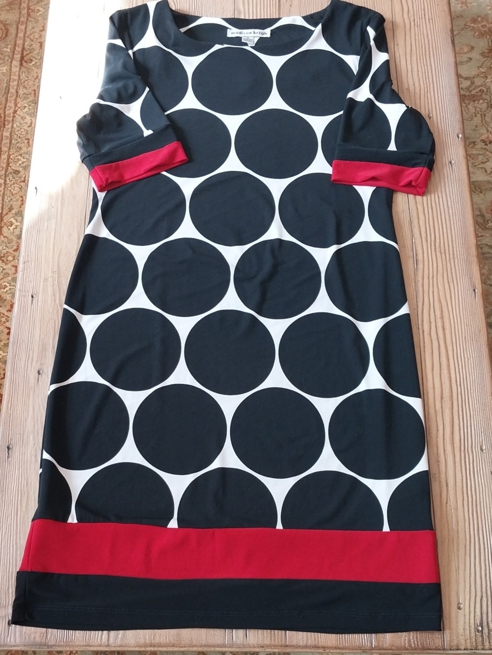 madison leigh Black & White Polka Dot Midi Dress with Red Trim